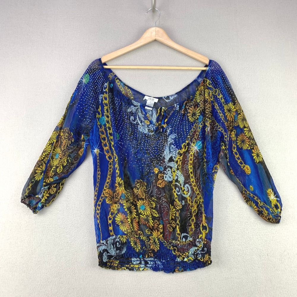 Cache Silk Y2K Blouse Women S Blue Chain Floral Rhinestone Cold Shoulder Top